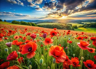 Fototapeta premium Aerial drone shot: vibrant red poppy meadow, softly blurred background, summer's idyllic nature scene.