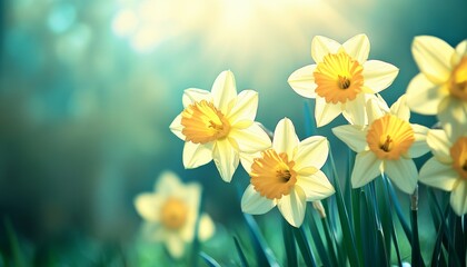 Golden Daffodils Herald the Arrival of Spring A Close-Up View of Yellow Blooms in Warm Sunlight