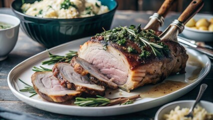Perfectly cooked roast lamb with garlic and rosemary crust served with mint sauce and mashed potatoes culinary delight