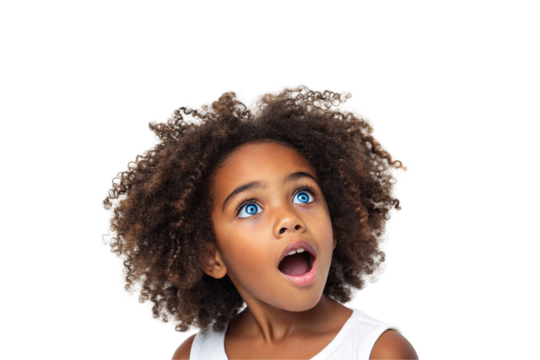 A curly-haired model girl, mouth agape in amazement, head slightly tilted. Her white tank top contrasts against her rich curls, isolated on a transparent background