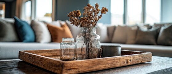 Rustic charm still life dried floral arrangement in glass vase on wooden tray cozy living room setting