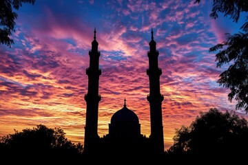 Silhouette of a mosque at sunset with vibrant sky.