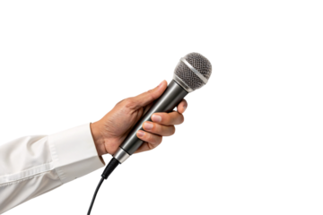 A hand in a white sleeve holds a wired black microphone with a silver top, fingers wrapped around its cylindrical body in a natural grip, isolated on a transparent background