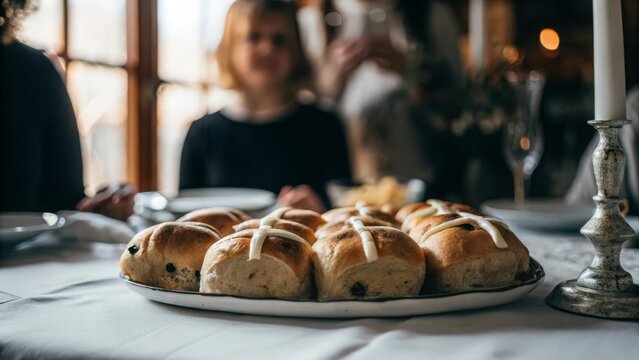 Easter morning celebration kitchen table food plating warm atmosphere close-up hot cross buns topped with icing crosses