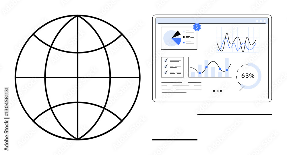 Poster globe outline next to digital dashboard showing graphs, charts, and metrics. ideal for data analytic