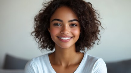 A young woman is smile graces a white v-neck t-shirt against a clean, neutral backdrop, exuding an aura of casual confidence and effortless elegance.