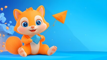 Fototapeta premium Adorable Orange Cartoon Squirrel with Kite on Blue Background