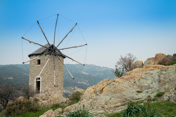 İzmir Foça old stone windmills.Phokaia windmills