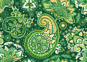 Seamless paisley pattern in Oriental style with floral and ethnic motifs for printed fabric, wallpaper, and packaging