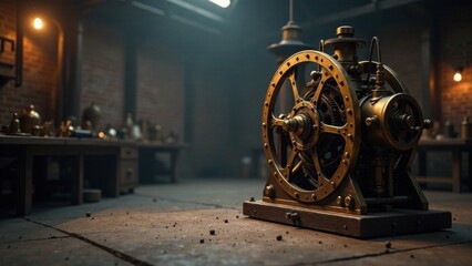 Obraz premium Intricate Brass Gear Mechanism on Rustic Wooden Surface in Dimly Lit Workshop