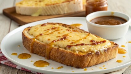 Indulge in a rich slice of welsh rarebit a cheesy toast delight infused with mustard and worcestershire sauce