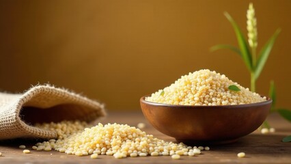 A wooden bowl brimming with pale, small, grain-like legumes, spilling onto a rustic surface, beside a burlap sack overflowing with more of the same, enhanced by a nearby sprig of greenery.