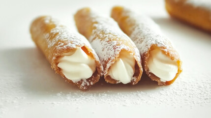 Traditional Italian sweet pastry tube-shape cannoli shells with whipped ricotta filling. Dusted with castor sugar
