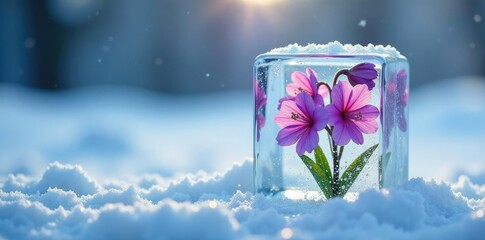 Delphiniums trapped in an ice cube with air bubbles forming, cold climate, ice cube, snowy landscape