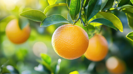 A bright orange fruit on a citrus tree, background garden