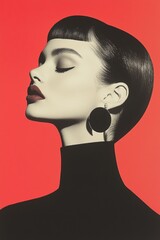 Elegant woman in profile with bold makeup and sleek hairstyle against vibrant red background, modern fashion and beauty concept