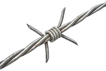 A tightly wound, silvery barbed wire section, sharper and newer. Its industrial strength suggests security, division, or defense with an unyielding presence, isolated on a transparent background