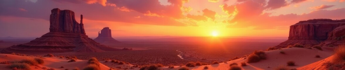 Fototapeta premium Desert landscape with rocky formations at sunset, desert, geological