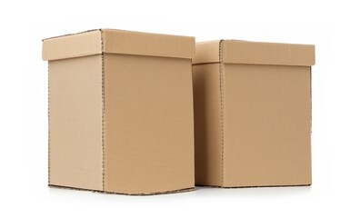 Brown kraft cardboard box isolated on white background. Paper carton package, post order of rectangle wide shape. Brown paper boxes. Cardboard box isolated on white background. Place for text.