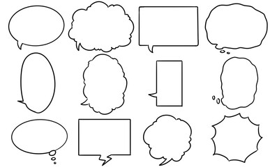 手描きのシンプルなふきだしセット　線画と内側が白い手描きのふきだしセット