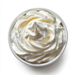 Aerial View of Decadent Whipped Cream in a White Bowl Perfect for Desserts and Culinary Creations with a Smooth Texture and Elegant Swirls