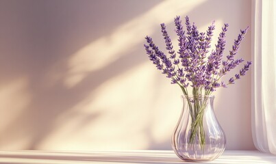 Soft lavender vase arrangement illuminated by gentle morning light against a minimalist background, creating an elegant and peaceful scene