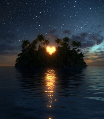 Fototapeta na wymiar On a tropical island, palm trees sway beside a gorgeous blue ocean, while the sky sparkles with stars and the sun descends