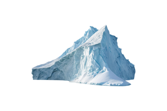 An iceberg with sharper ridges, icy layers glistening under an unseen light source. Its steep, angular form contrasts with softer, isolated on a transparent background