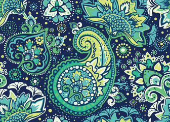 Seamless paisley pattern in Oriental style with floral and ethnic motifs for printed fabric, wallpaper, and packaging