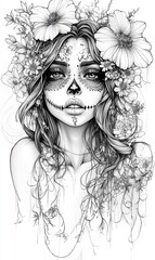 A woman with a headdress of flowers and a skull design on her face, the skull framed by roses and additional flowers