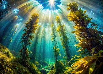 Obraz premium Drone Photography: Ethereal Underwater Kelp Forest, Sunbeams, Magical Ocean Scene