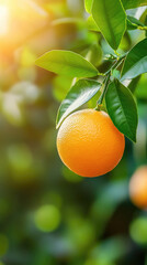 A bright orange fruit on a citrus tree, background garden