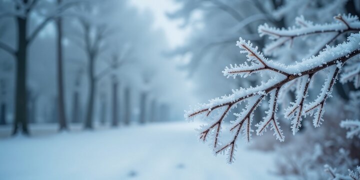 A Winter's Day Branch, Icy Crystals Adorn the Twigs, Softly Blending with the Blurred Snowy Landscape Background