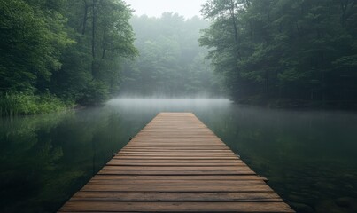 Peaceful wooden dock extending into a misty lake surrounded by dense forest, soft light creating a serene and tranquil mood