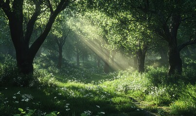 Naklejka premium Peaceful woodland clearing with soft rays of sunlight filtering through dense trees, illuminating vibrant green foliage