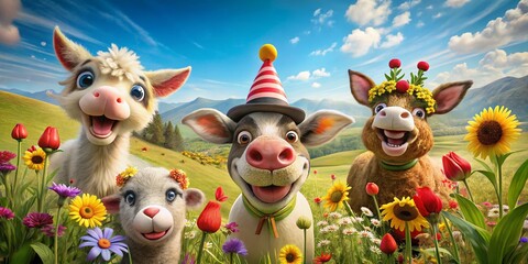 Hilarious Red Nose Day Landscape: Funny Animals in Festive Hats Enjoying Nature