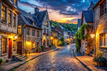 Obraz premium Durbuy Belgium Night Photography: Low Light Cityscape, Charming Medieval Streets, Belgian Ardennes, Night View, Smallest City