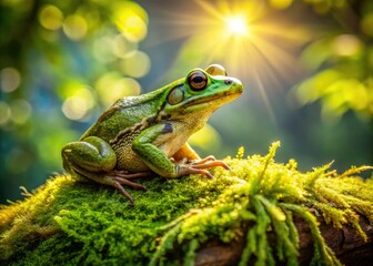 Obraz premium Close-up macro photography reveals a vibrant green frog perched on a slender twig.