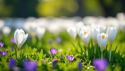 Field of white crocuses with a few purple blooms scattered throughout, greenery, crocuses