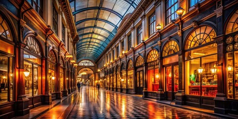 Naklejka premium Elegant Arcade Night Photography, Glass Roof Shops, Low Light Ambiance, Interior Design, Luxury Shopping