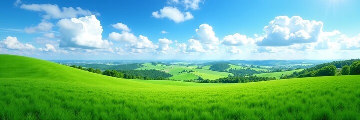 Obraz premium A panoramic aerial view of a lush green landscape with fluffy white clouds in a clear blue sky, clouds, panoramic