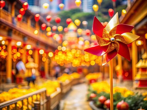 Hong Kong Che Kung Miu Temple: Lucky Gold & Red Wind Turbine Souvenir, Tilt-Shift Photography