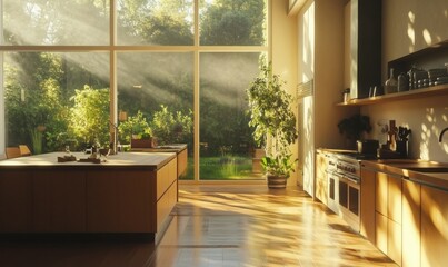 Stylish contemporary kitchen with light wooden cabinetry, minimalist decor, and sunlight streaming through floor-to-ceiling windows, creating a warm and airy ambiance