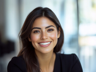 Professional Businesswoman Smiling in Modern Office – Confident Female Corporate Headshot