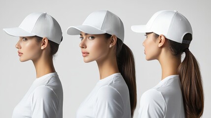 A minimalist baseball cap mockup, presented in a series of dynamic angles, showcasing a crisp white cap on a striking model against a plain white backdrop, exuding an aura of clean and casual cool.