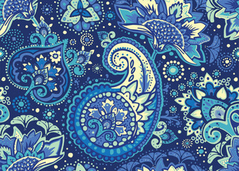 Seamless paisley pattern in Oriental style with floral and ethnic motifs for printed fabric, wallpaper, and packaging