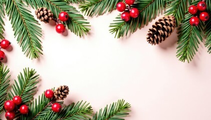Fir branches with bright red berries and pinecones on a plain background, trees, berry garland