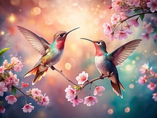 Fototapeta premium Hummingbird Flight: Pastel Blossoms & Night Photography