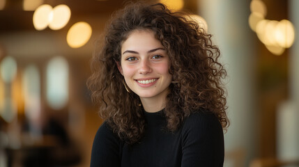 Fototapeta premium vibrant portrait of young woman with curly hair, radiating joy and confidence, her eyes sparkling with warmth and friendly face show optimistic attitude