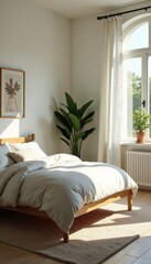 Fototapeta premium Bright airy bedroom, natural light, plant accents, airy, serene, contemporary